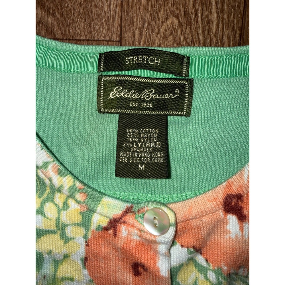 Eddie Bauer Womens Green Peach Floral Button Front Cardigan 3/4 Sleeve Stretch M - Picture 6 of 8